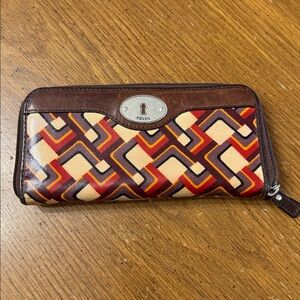Fossil Geomagnetic Print Keyper Zip Around Leather Trim Wallet Purple Orange Red